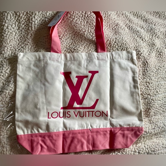 Handbags - NEW PINK & White Tote Bag with L
 V pink Lettering 🌸